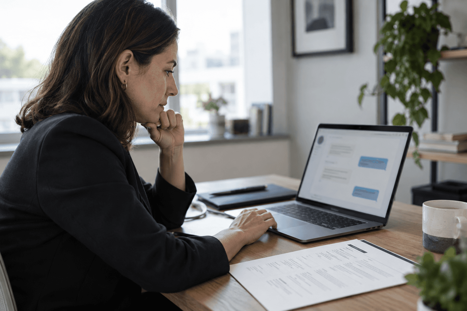 A recruiter reviewing a resume and a conversation on a laptop