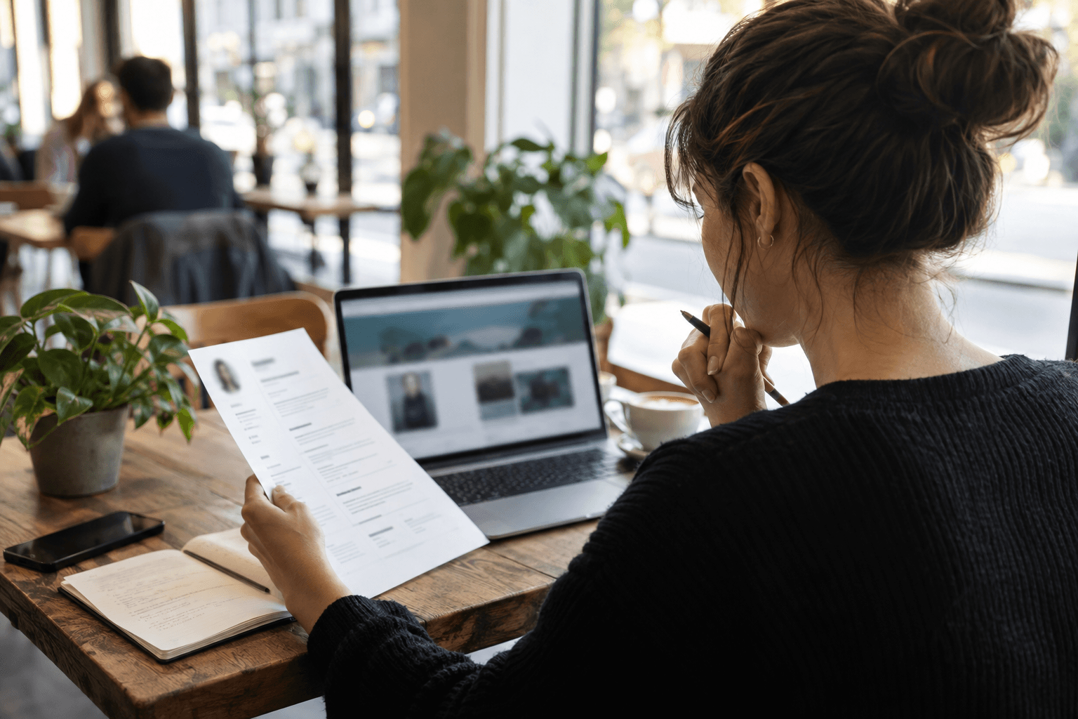 A job seeker comparing a printed resume with a professional page on a laptop