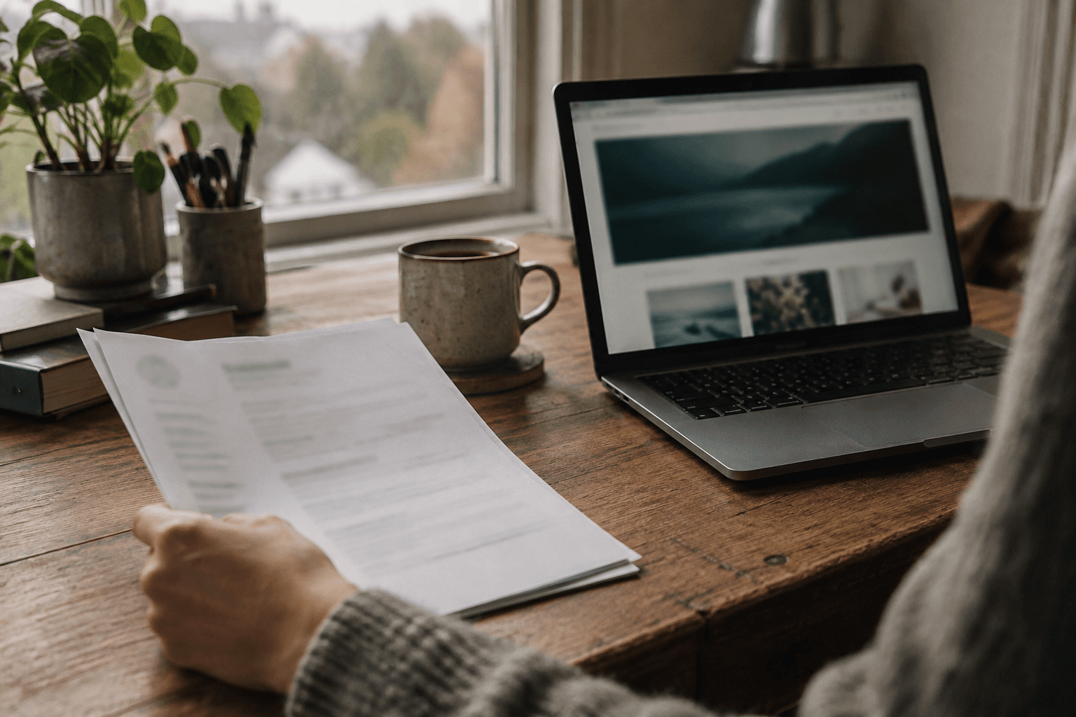 A printed resume beside a personal website open on a laptop