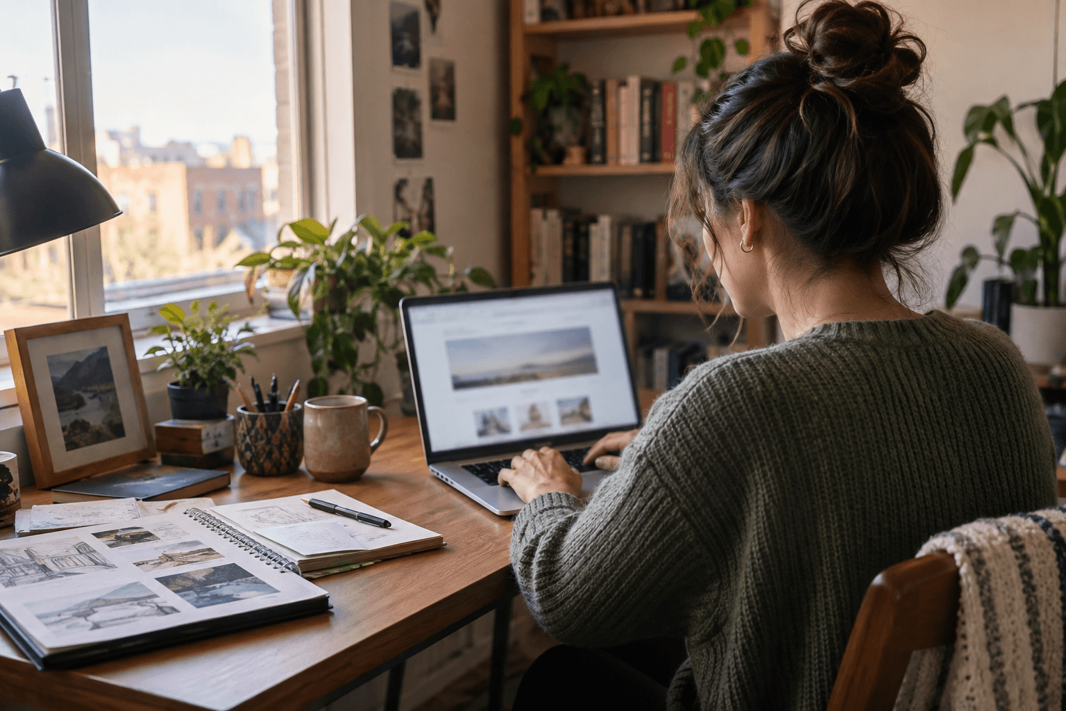 A job seeker updating a personal website from a home workspace