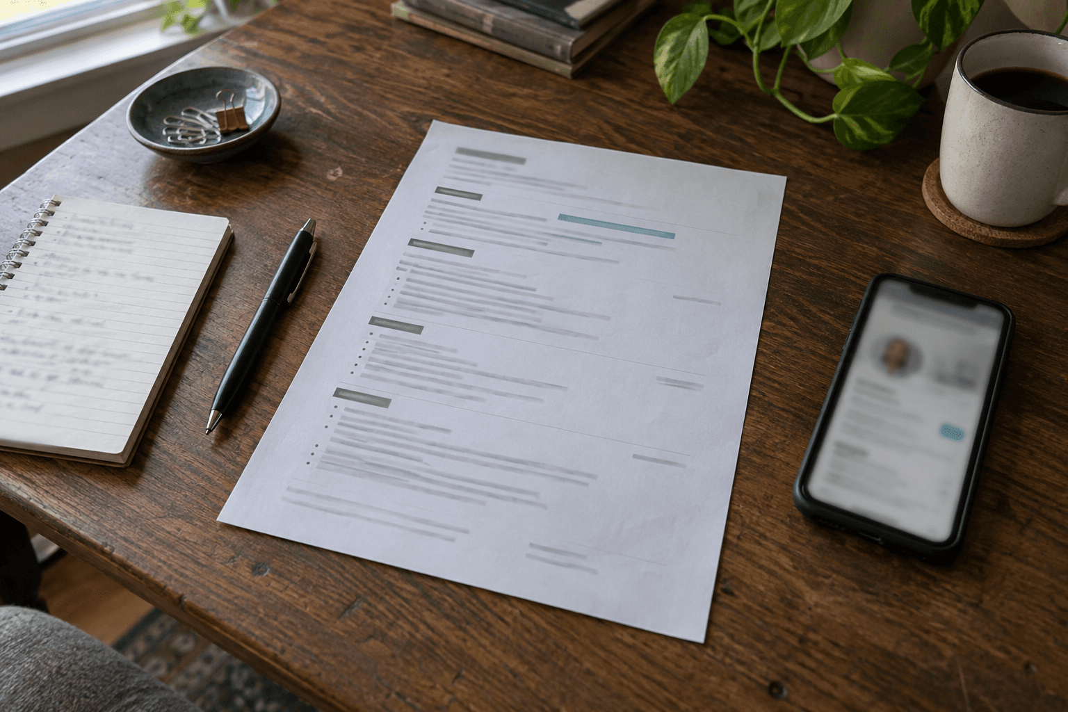 A printed resume and a phone with a professional profile open on a wooden desk